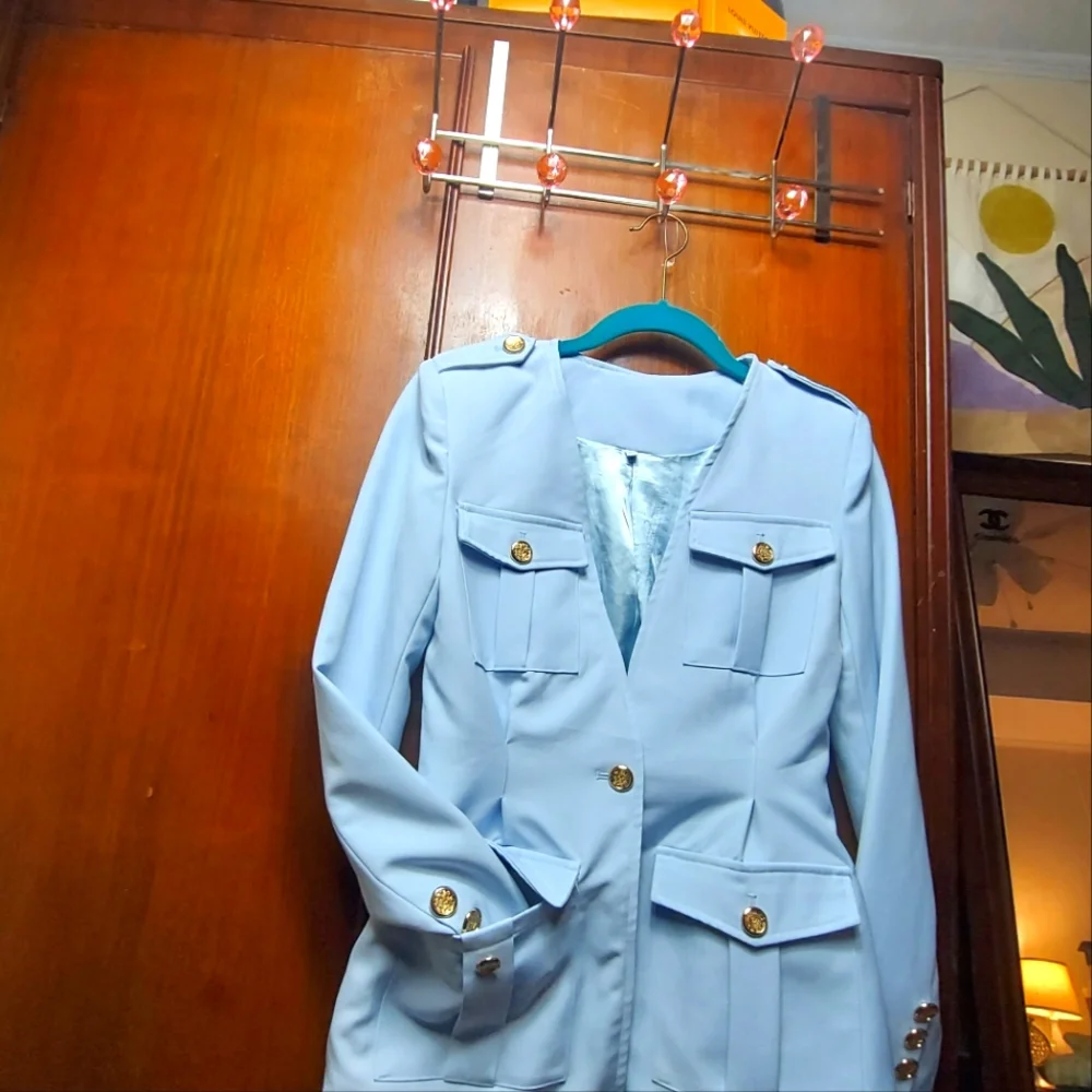 Sky blue v-neck pocket blazer suit jacket for women sz M - Picture 4 of 16